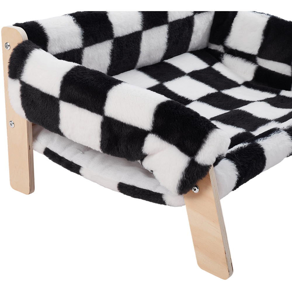 H&O Direct Long Plush Black and White Plaid Wooden Pet Sofa Image 5