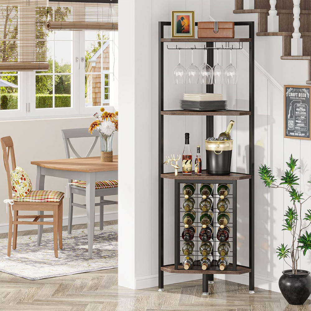 Living and Home 4 Shelf Black Vintage Wine Rack with Glass Holder and Bottle Storage Image 2