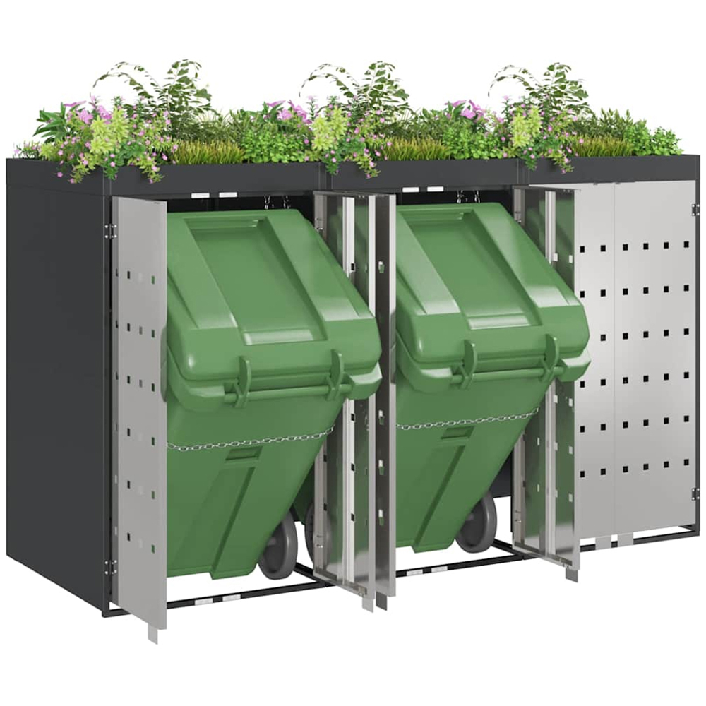 vidaXL Anthracite 3 Wheelie Bin Storage Shed with Stainless Steel Door and Planter Roof Image 3
