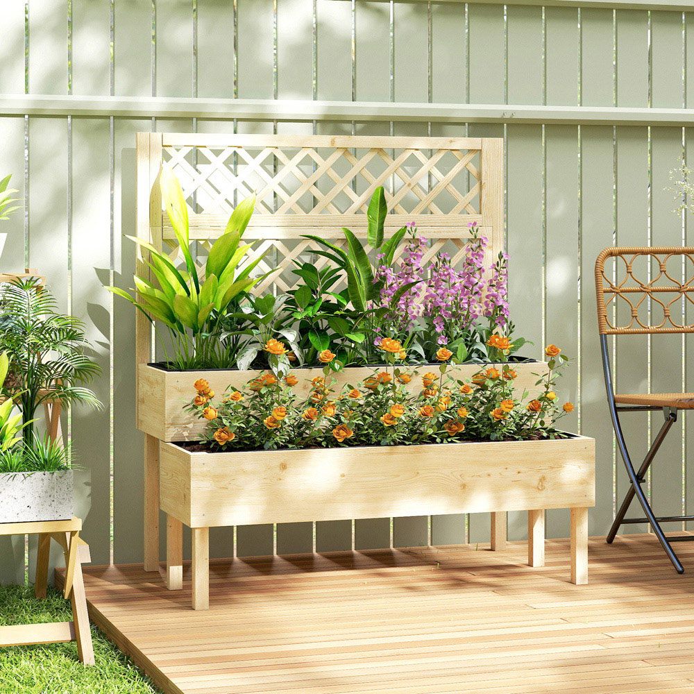 Outsunny 2 Tier Natural Wooden Raised Garden Bed with Trellis 120 x 62 x 108cm Image 2