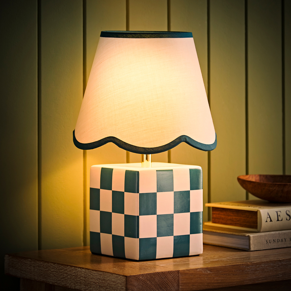 ValueLights Evie Sage Green Trim Linen Scallop Shade Cube Checkered Ceramic LED Table Lamp Image 6