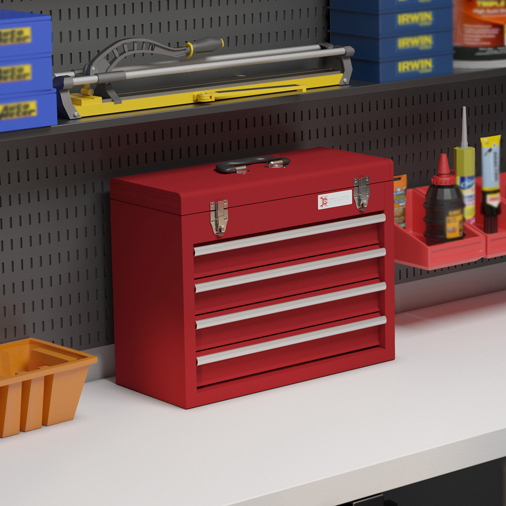 Durhand 4 Drawer Red Lockable Metal Tool Chest Image 2