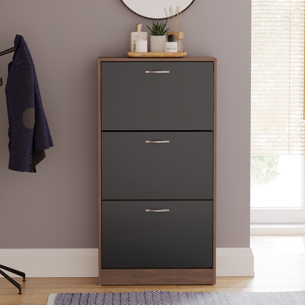 VIDA DESIGNS Walnut and Black 3 Drawer Shoe Cabinet Image 3