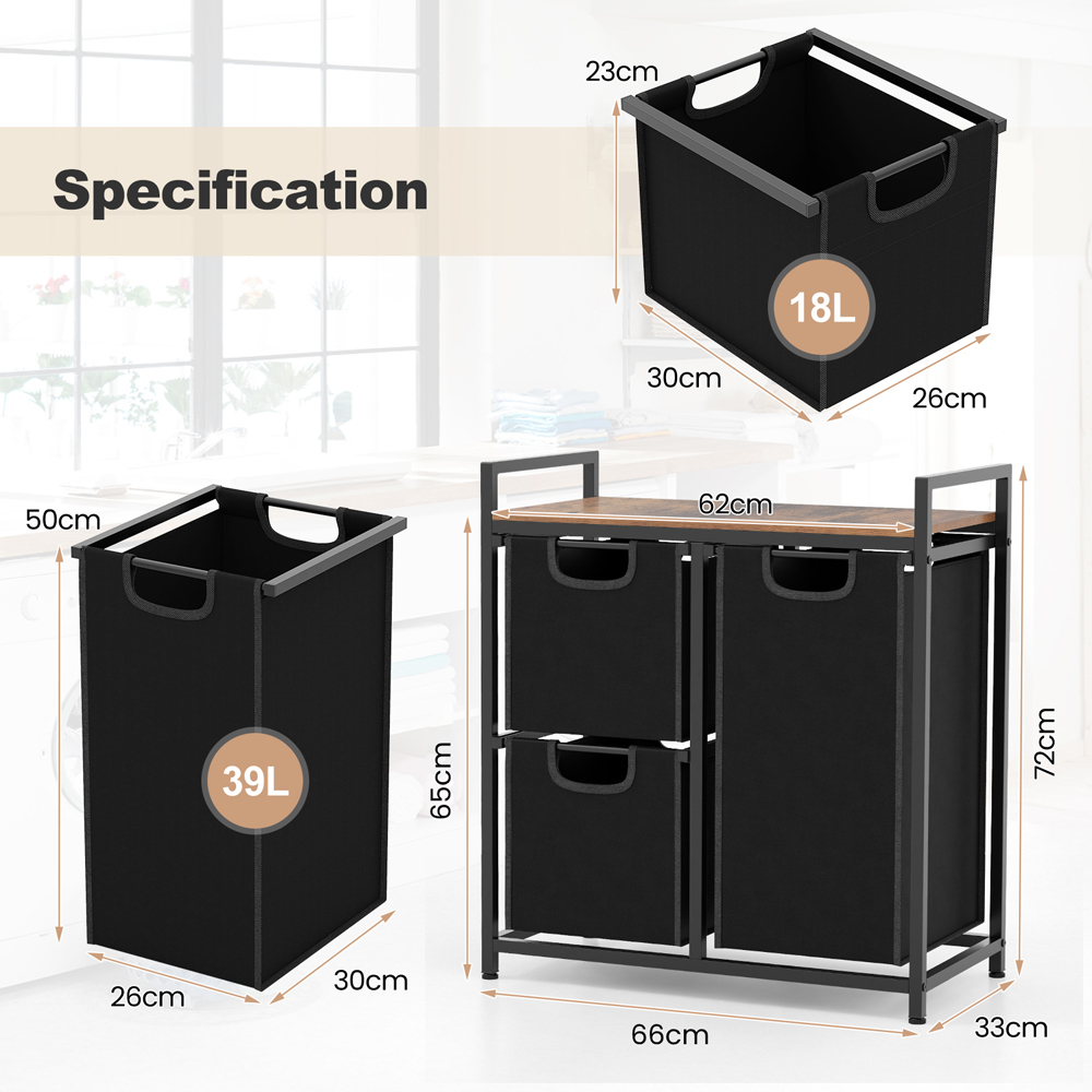 Costway Black and Brown Laundry Hamper with 3 Removable Bags Image 9