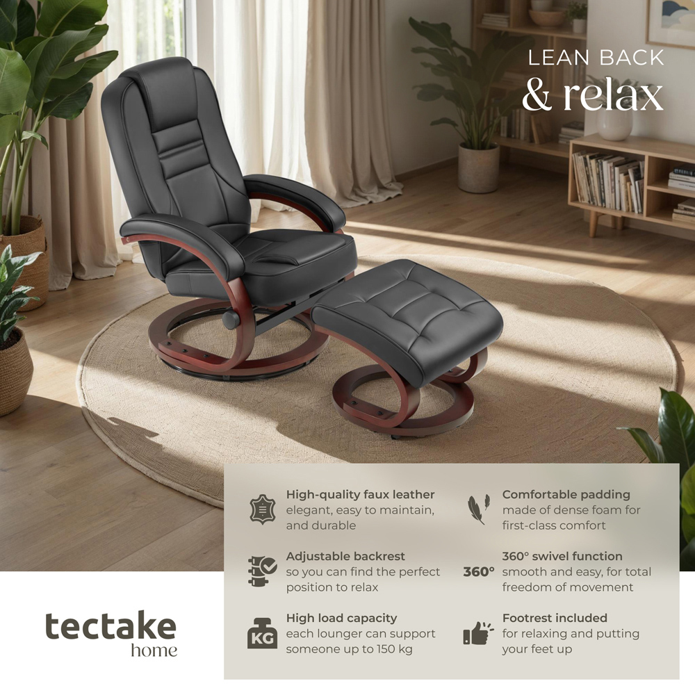 tectake William Black Swivel Armchair with Stool Image 5