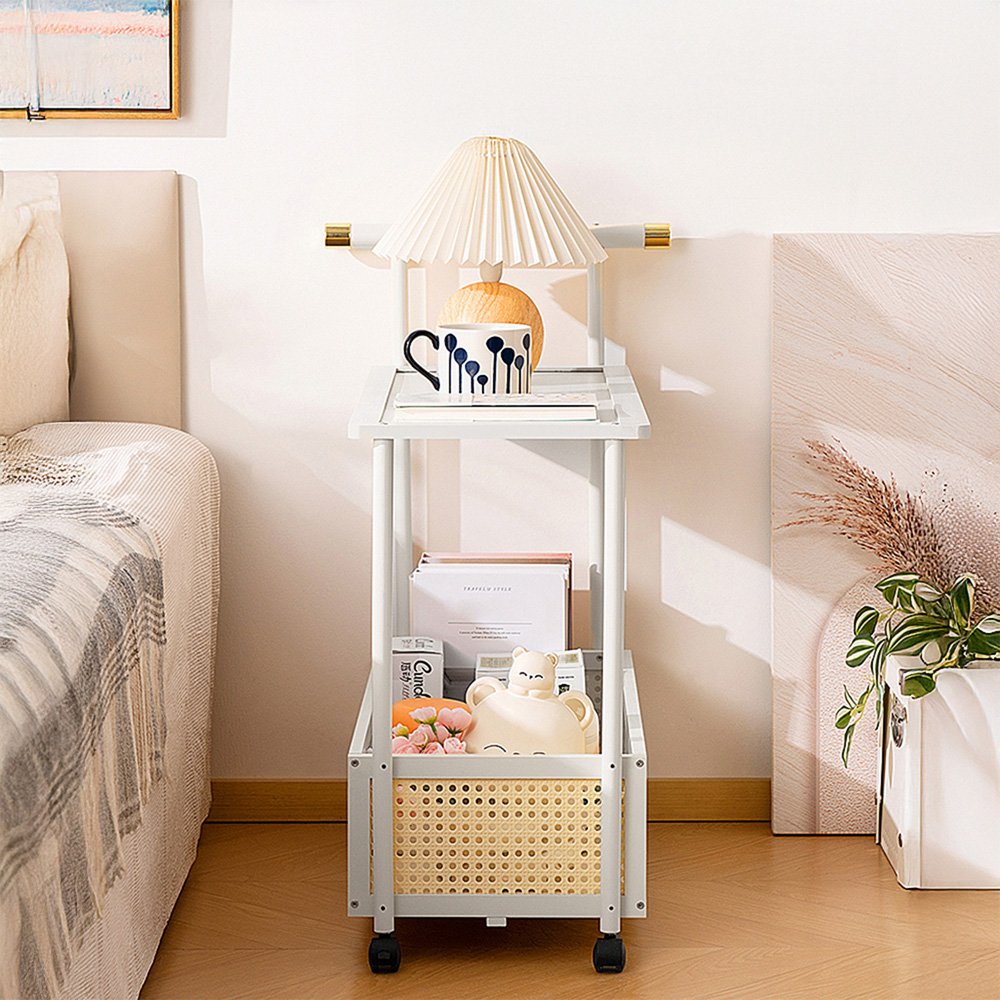 Living and Home 2-Tier Cream White Faux Rattan Side Table with Castors Image 7