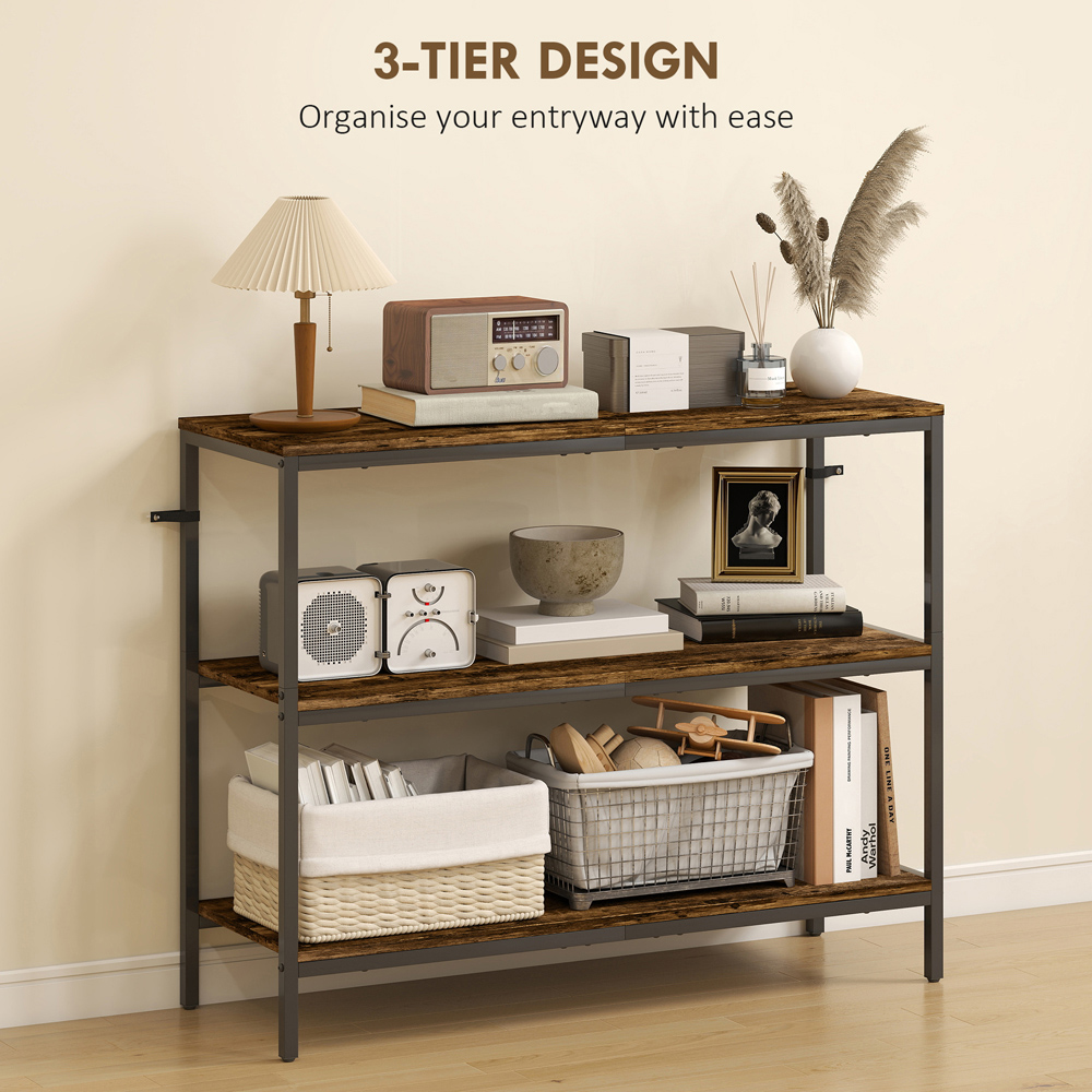 HOMCOM 3 Shelf Rustic Brown Industrial Console Table Image 7