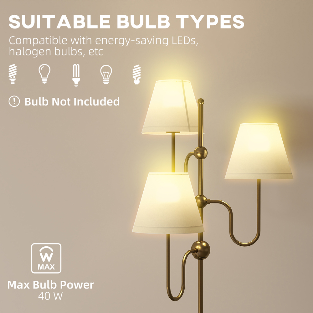 HOMCOM 3 Light Linen Shade Gold Metal Floor Lamp with Foot Switch Image 7