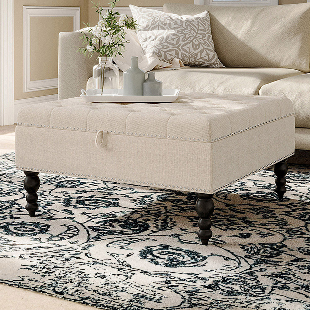 H&O Direct Linen Tufted Square Storage Ottoman Image 1