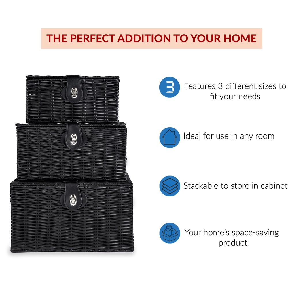Innoteck Essentials Black Woven Hamper Storage Baskets with Lid 3 Pack Image 5