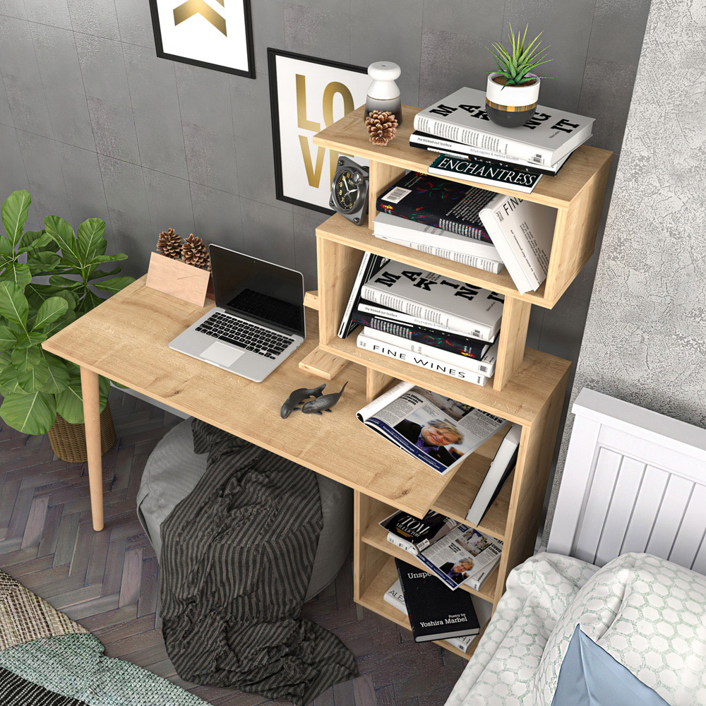 Decorotika Vina 7 Shelf Computer Desk with Bookcase Oak Image 5