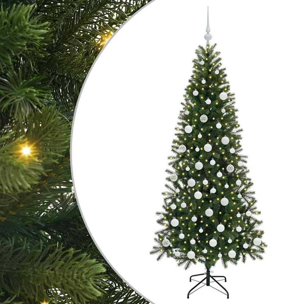 vidaXL Pre-Lit White Baubles Green Artificial Christmas Tree 6ft Image 2