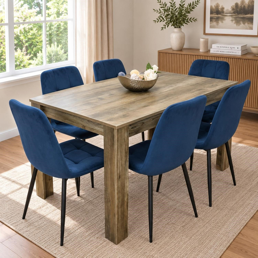 Portland 6 Seater Velvet Tufted Wooden Dining Set Blue Image 1