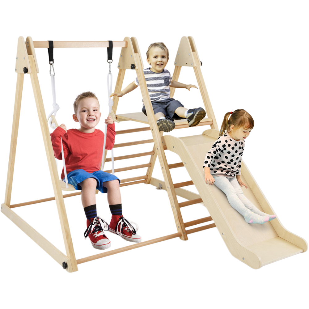 Costway 3-in-1 Kids Natural Foldable Indoor Jungle Gym with Swing Image 3