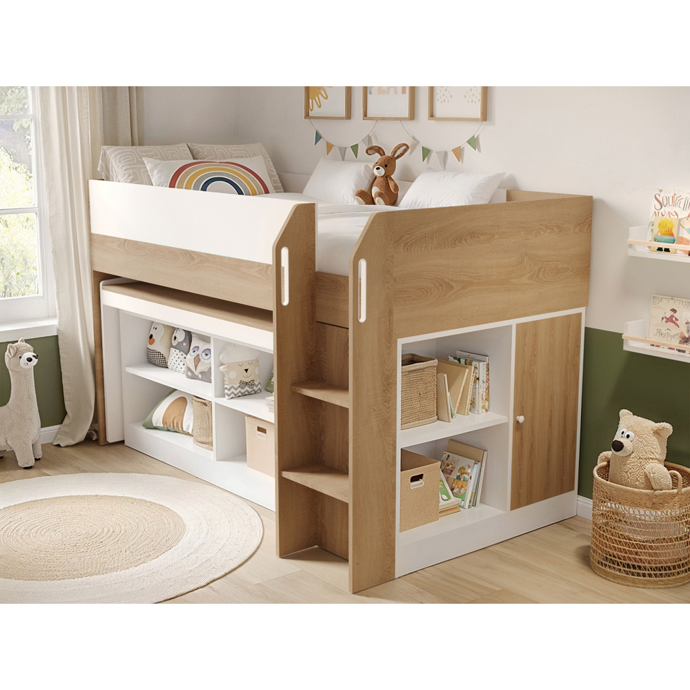 Flair Aiden White and Oak Kids Cabin Bed with Pull-Out Desk and Storage Image 5