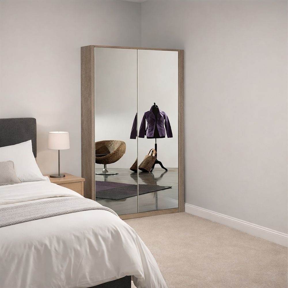 TJ'S Omega 2 Door Oak Mirrored Corner Wardrobe Image 6