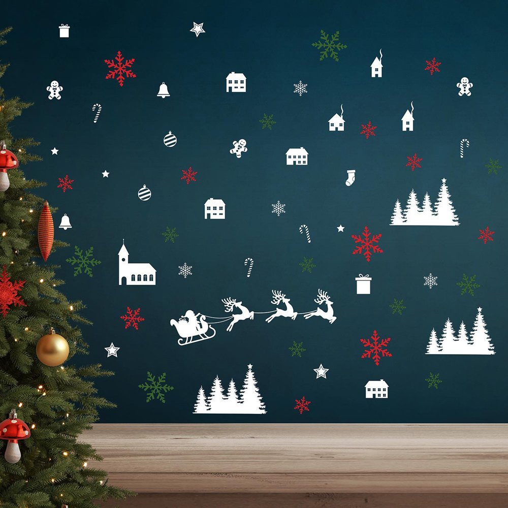 Walplus Festive Snowflakes and Christmas Village Self Adhesive Wall Stickers 65 Piece Image 1
