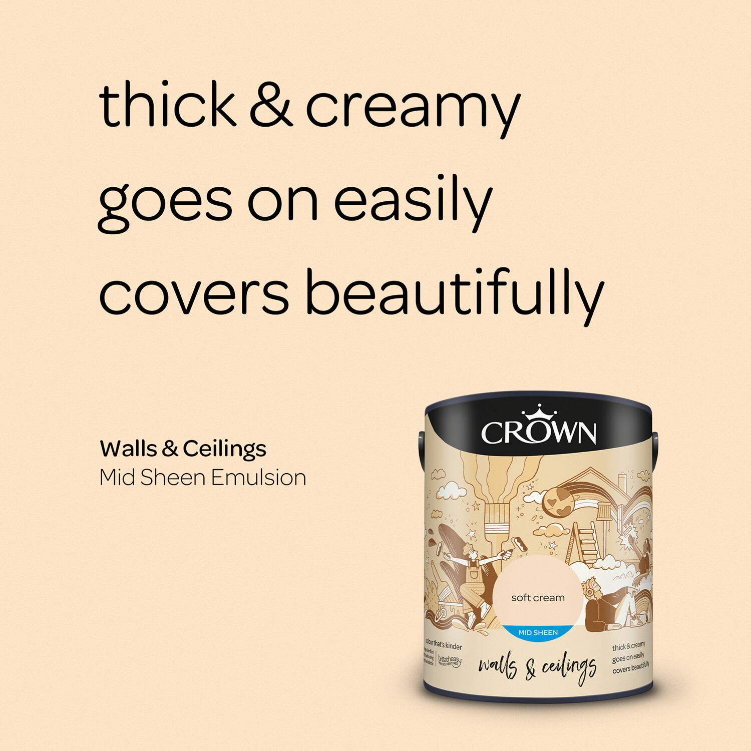 Crown Walls & Ceilings Soft Cream Mid Sheen Emulsion Paint 5L Image 8