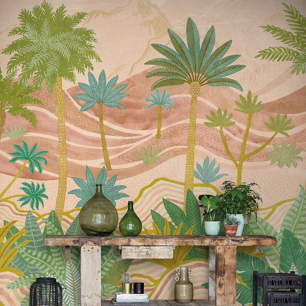 Grandeco Palm Spring Scene Pink 7 Lane Wall Mural Image 1