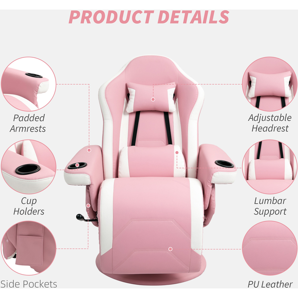 HOMCOM Pink Swivel Manual Reclining Gaming Chair with Footrest Image 7