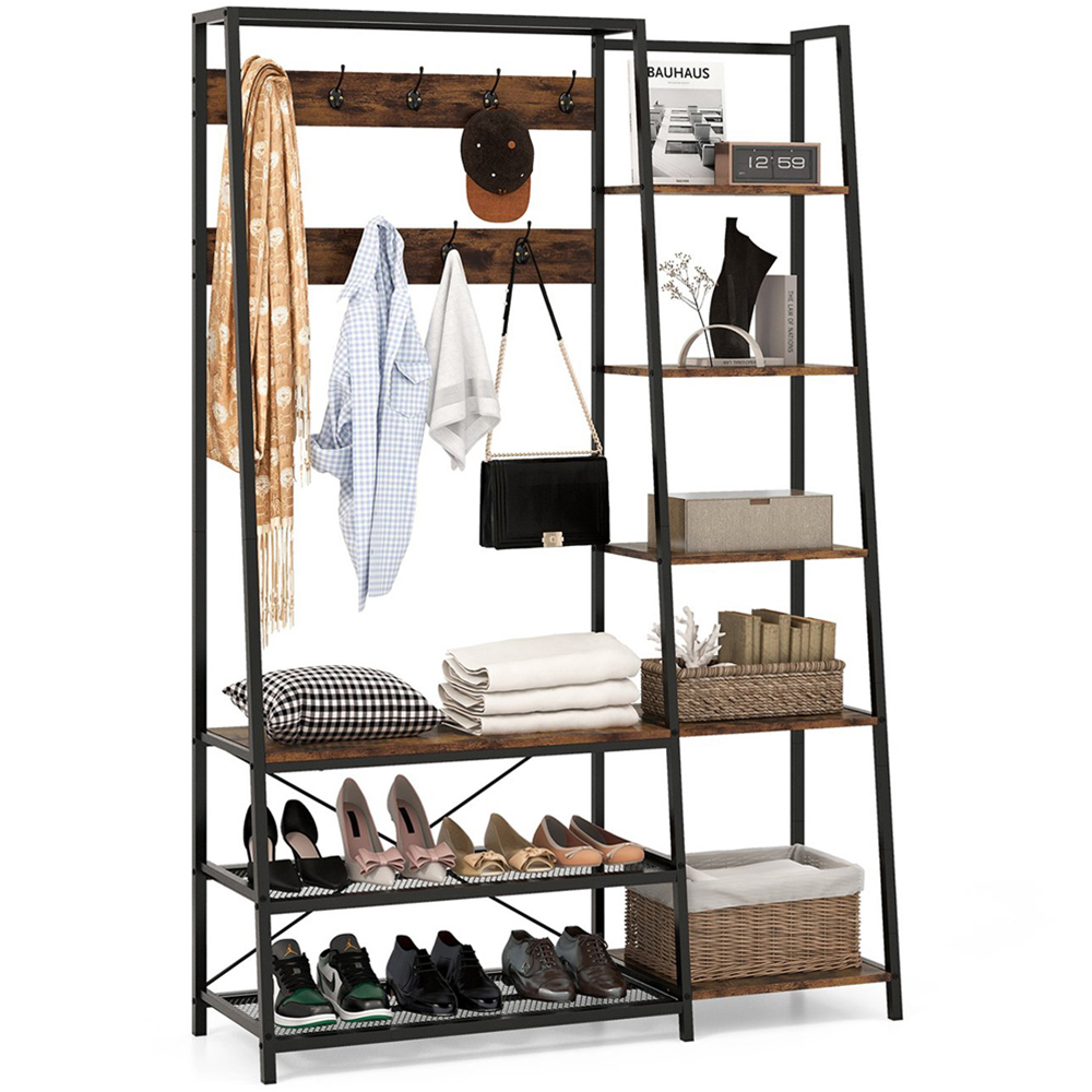 Costway 8 Shelf 9 Hook Rustic Brown Tree Storage Bench Image 3