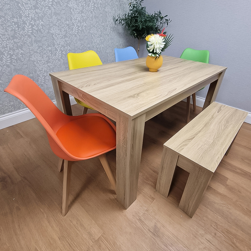 Portland 6 Seater Dining Bench Set Oak Effect and Multicolour Image 1