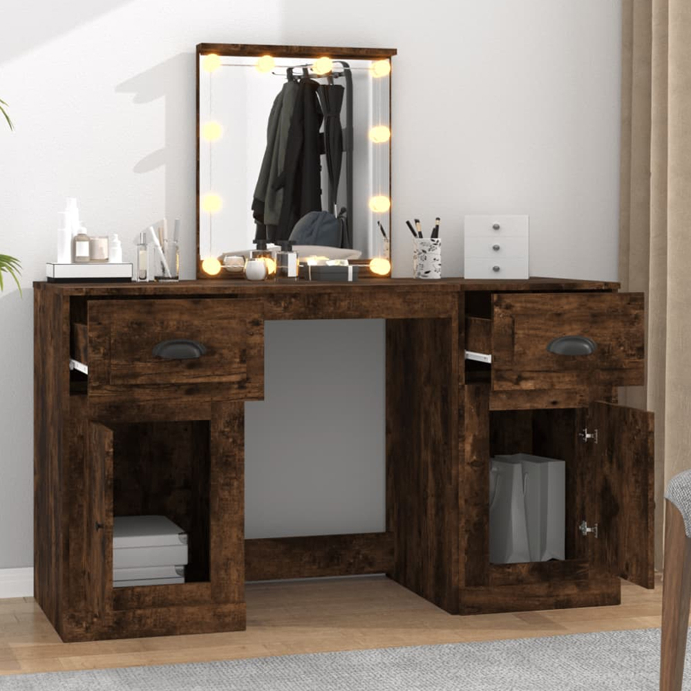 vidaXL 2 Door 2 Drawer Smoked Oak Dressing Table with LED Mirror Image 1