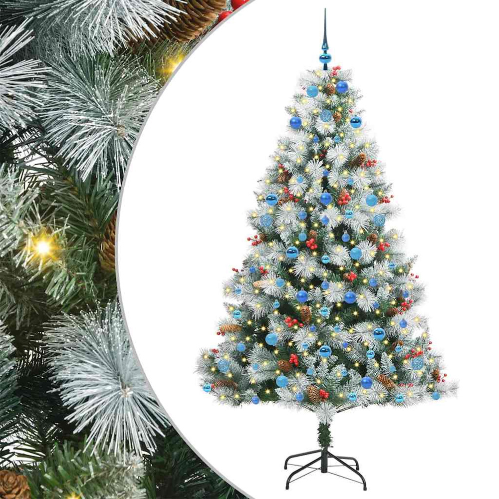 vidaXL Pre-Lit Blue Baubles Green Artificial Snow Flocked Christmas Tree 7ft Image 2
