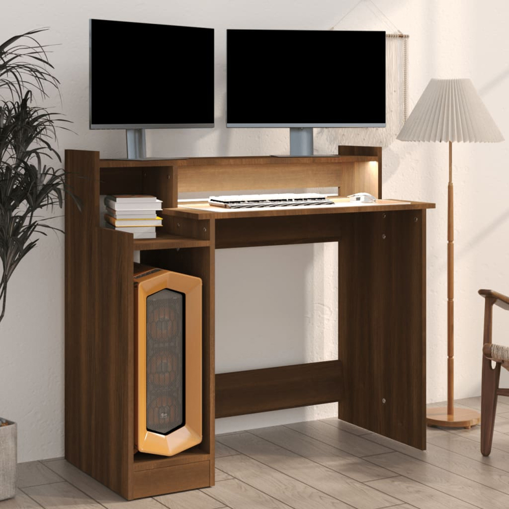 vidaXL 3 Shelf LED Computer Desk Brown Oak Image 9