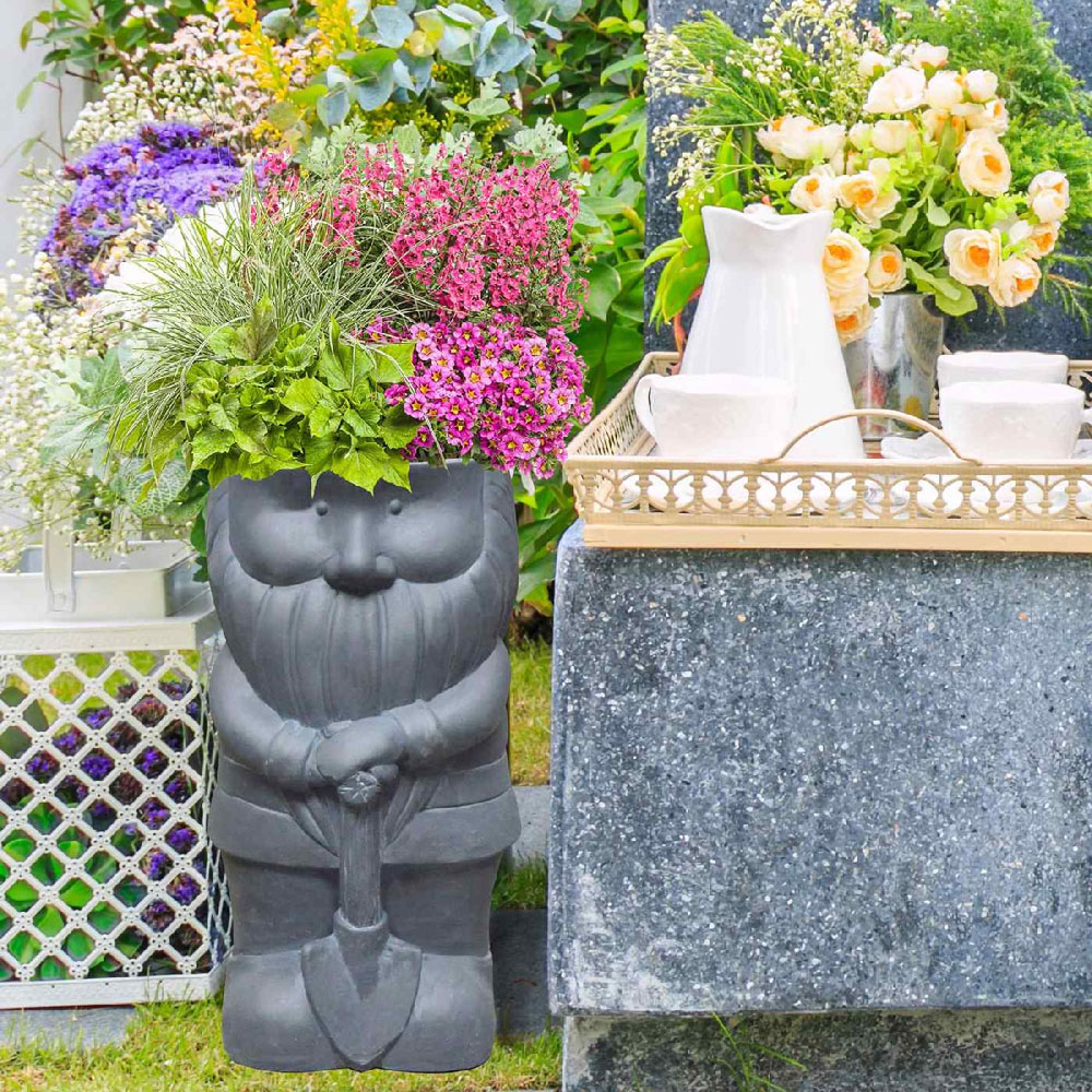 wilko Grey Fibrestone Gnome with a Shovel Outdoor Plant Pot 39cm Image 2
