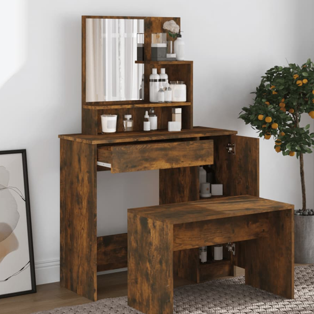 vidaXL Single Door Single Wide Drawer Smoked Oak Dressing Table with Mirror Image 1