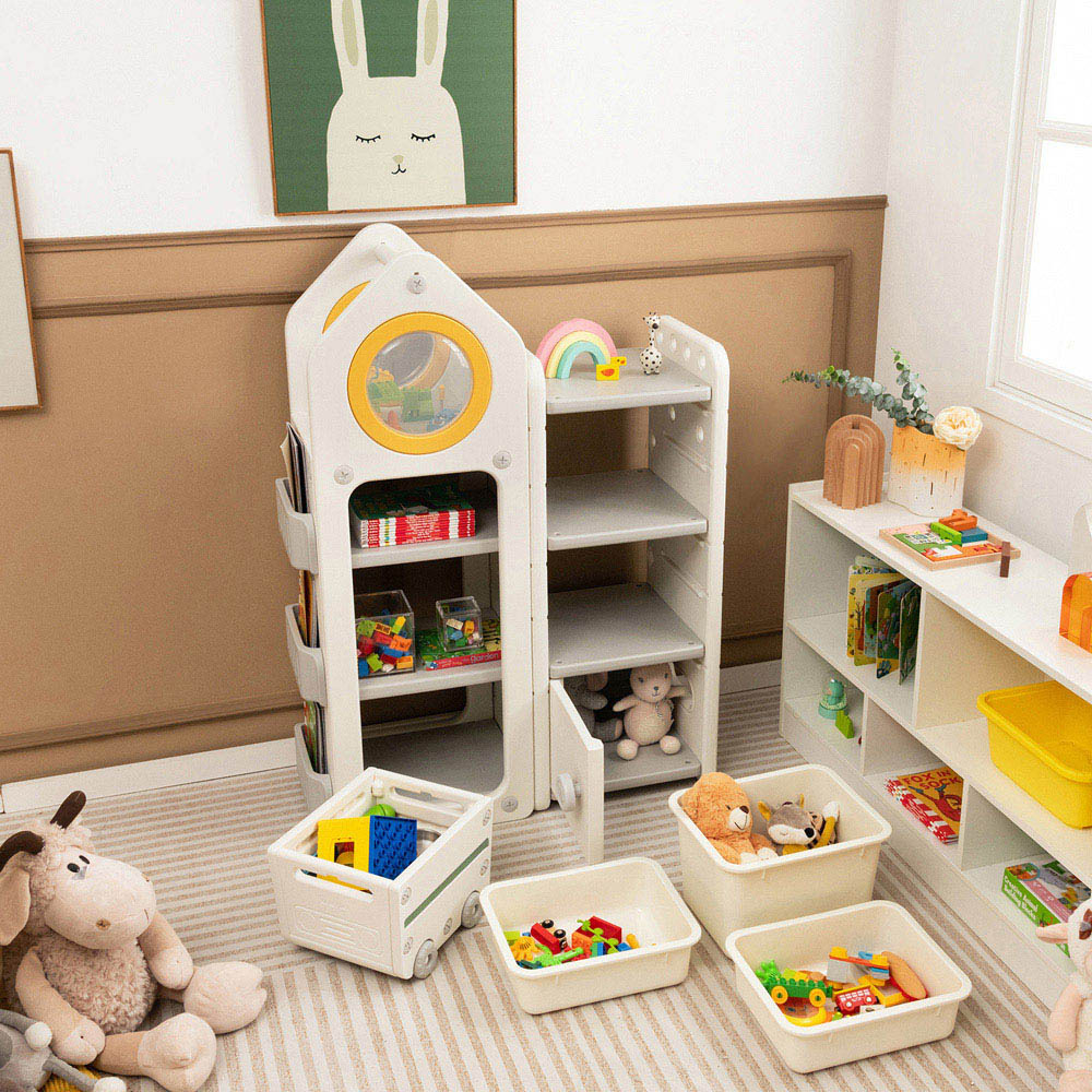 Costway Beige Kids Toy Storage Organiser with Mobile Trolley and Unique Roof Image 4