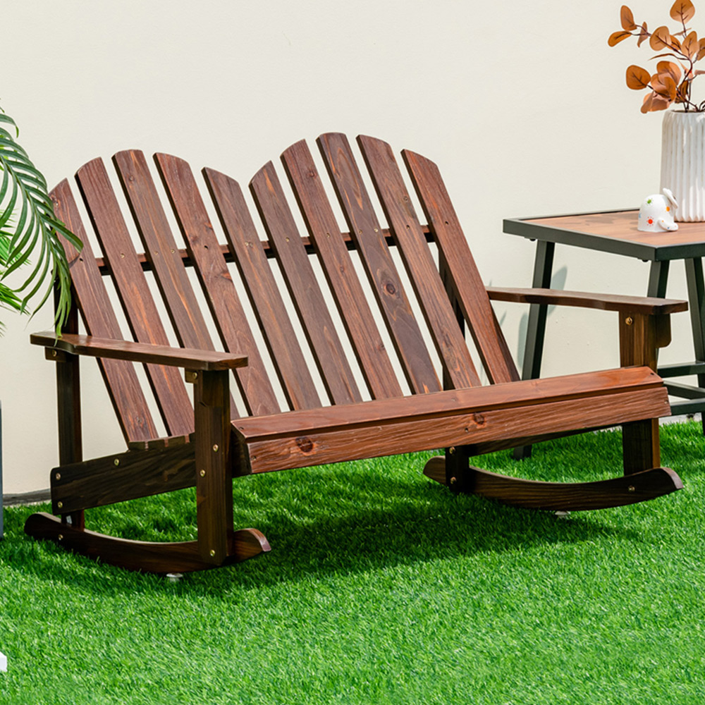 Costway 2 Seater Rustic Brown Kids Rocking Adirondack Chair Bench Image 1