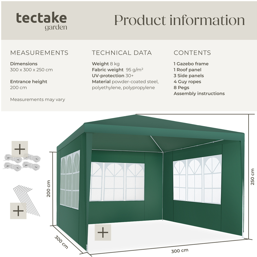 tectake Barinas 3 x 3m Green Water Resistant Gazebo with 3 Side Panels Image 9