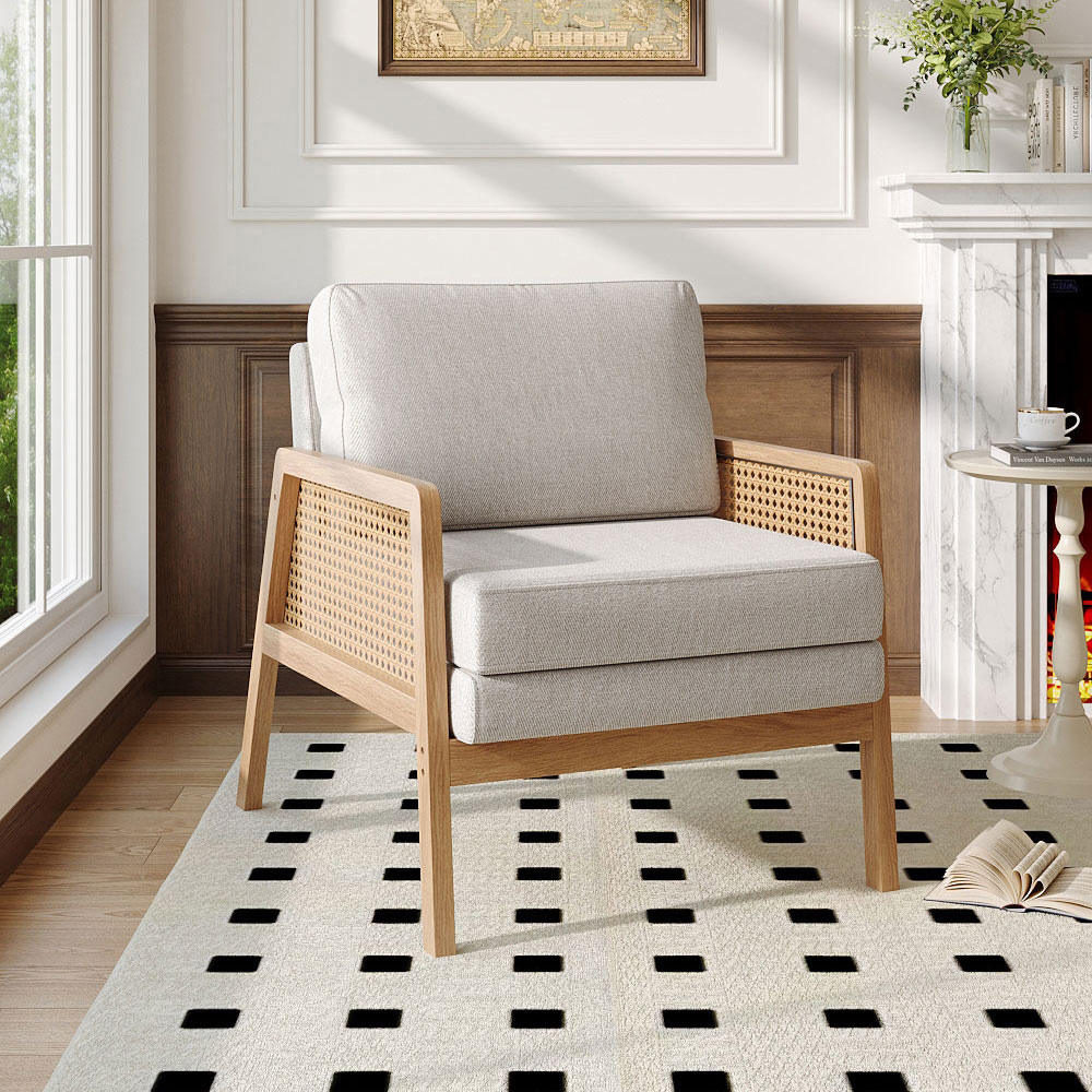 Living and Home Beige Fabric Cushion Mid Century Rattan Chair Image 3