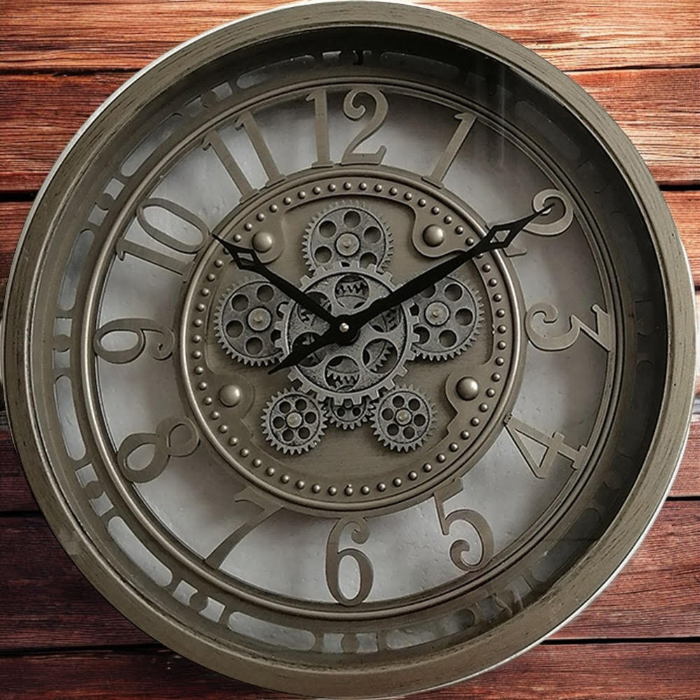 Acacia Home Silver Round Gear Wall Clock 46cm Image 2