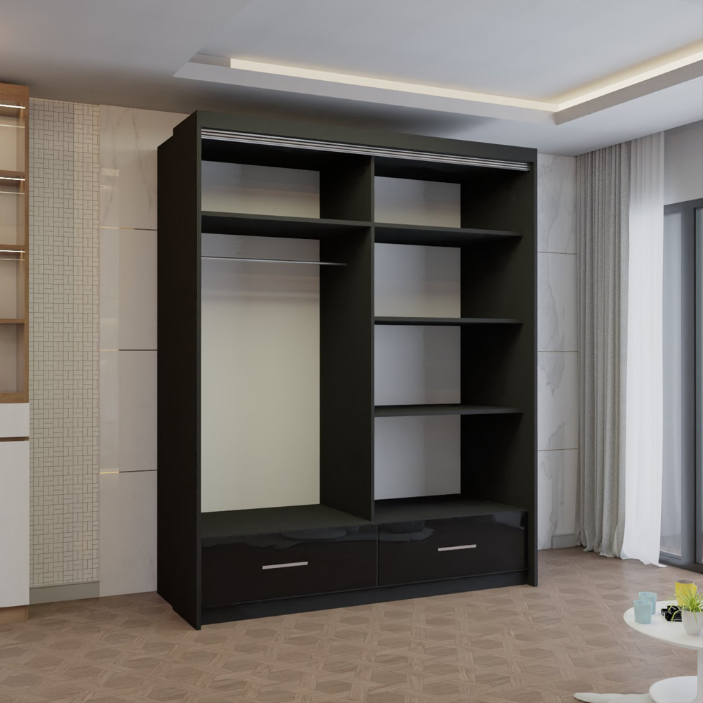 M N Furniture Seliyaa 2 Door 2 Drawer Black High Gloss Sliding Door Wardrobe 150cm Image 3