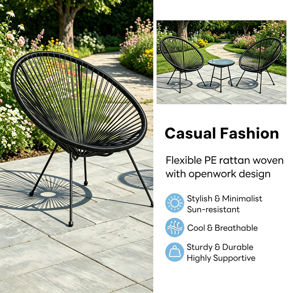 Alivio 2 Seater Black Acapulco-Style Garden Bistro Set with Glass Top Table Image 5