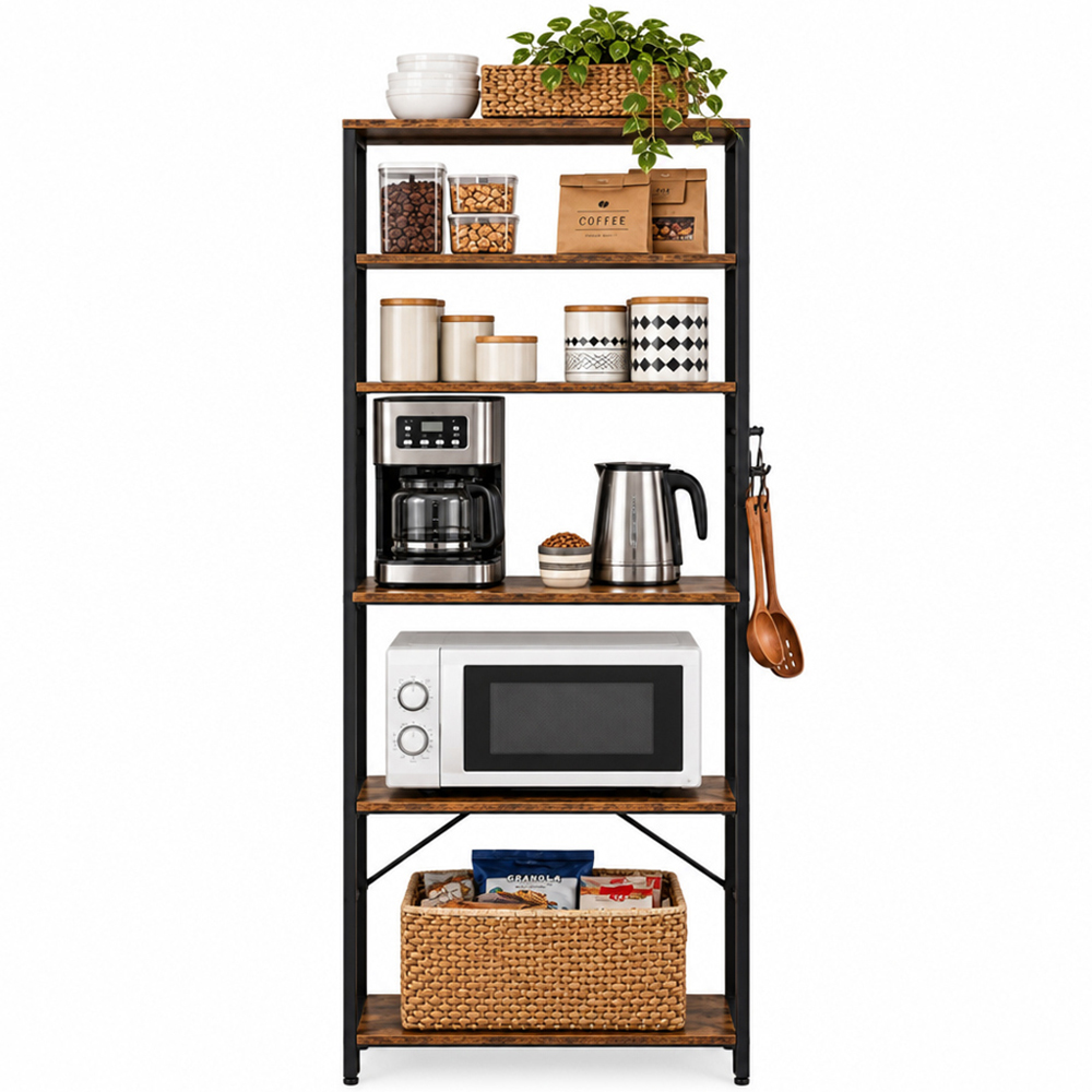 Modcraft 6 Shelf Black and Rustic Brown Adjustable Industrial Kitchen Storage Rack with 6 Hooks Image 5