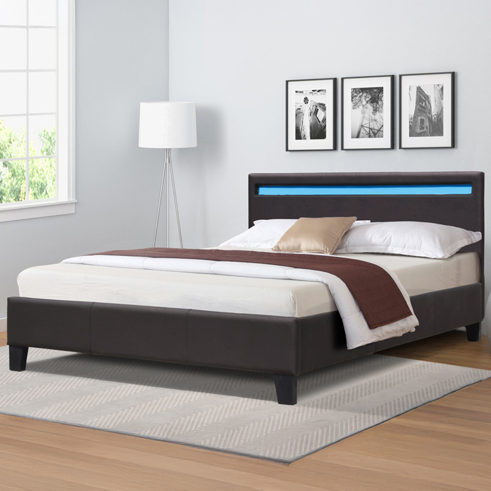 Comfy Living Single Brown Faux Leather Bed Frame with LED Strip Image 1