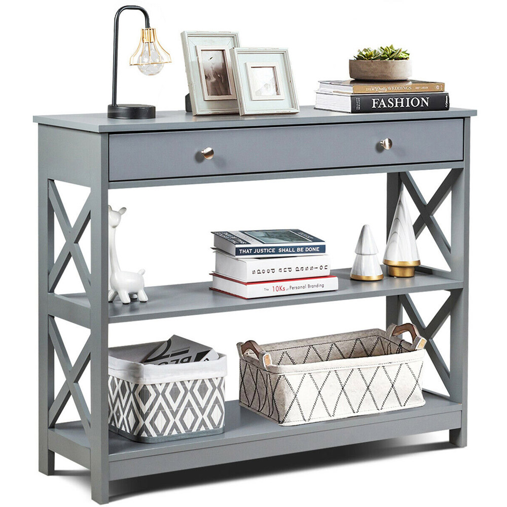 Costway Single Drawer 2 Shelf Grey Console Table Image 2