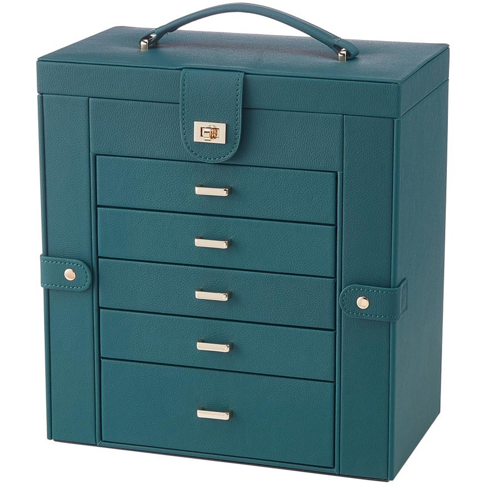 H&O Direct 5 Drawer Green Jewellery Box with Mirror Image 1