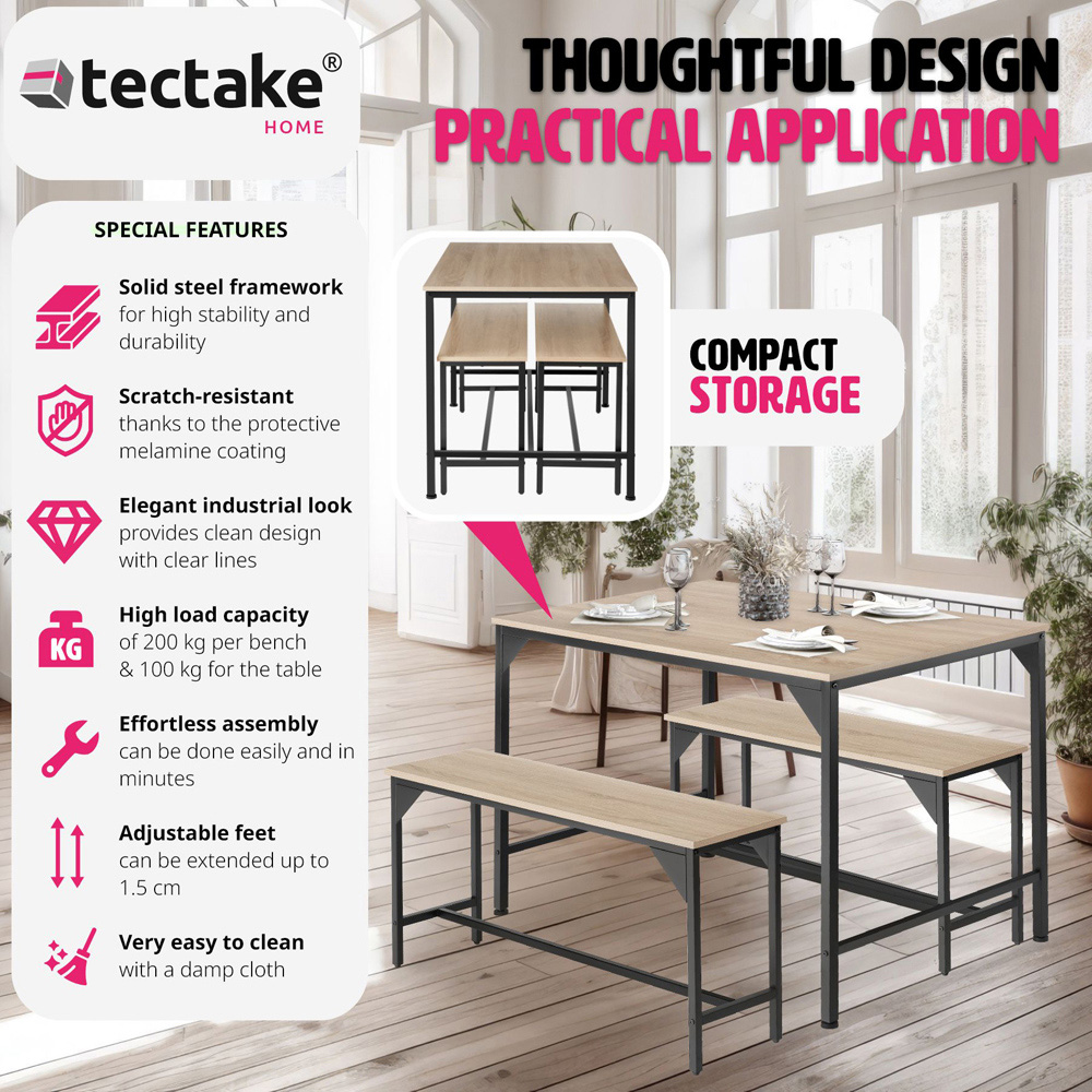 tectake Bolton 2 Seater Oak Sonoma Dining Table Set with Bench Image 6