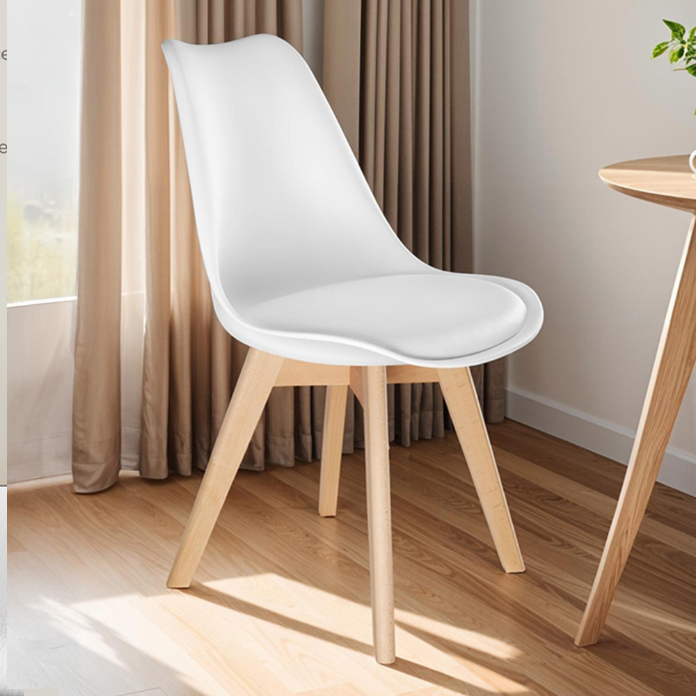 tectake Frederikke Set of 8 White Padded Dining Chair with Wooden Legs Image 1