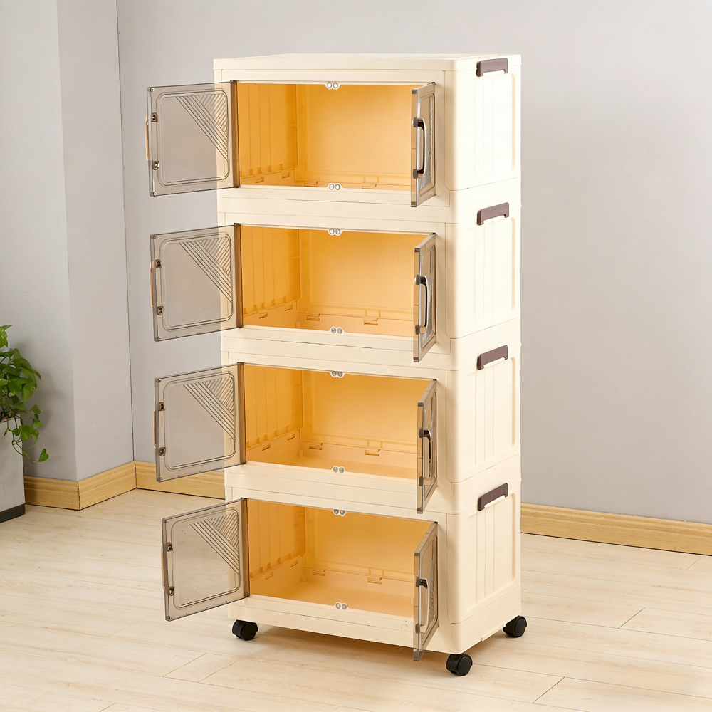 Living and Home 4-Tier Cream and Amber Transparent Foldable Storage Cabinet with Castors Image 7