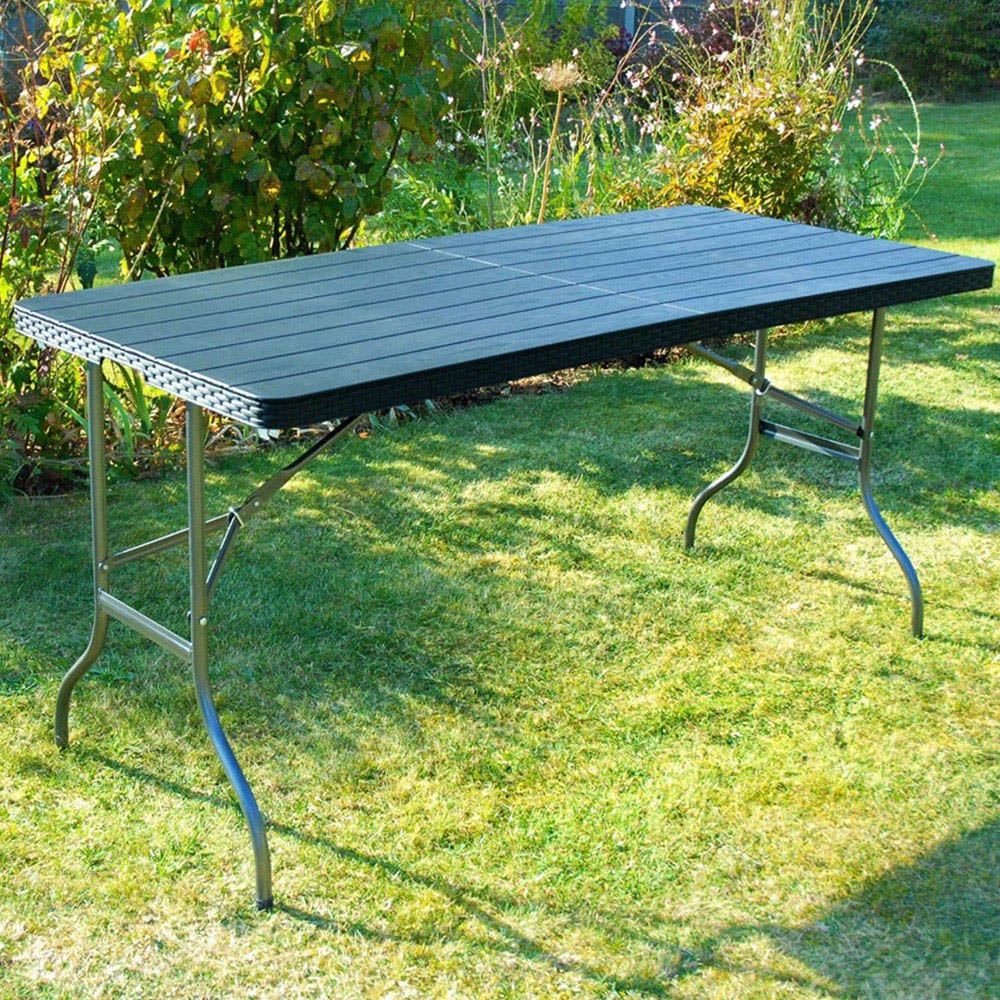 Garden Gear 4 Seater Rattan and Wood Effect Folding Plastic Dining Table Black Image 1