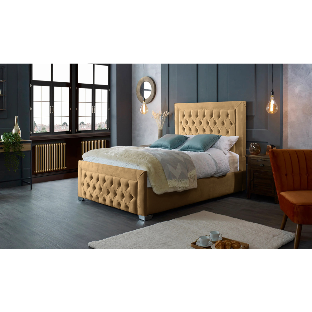 Eleganza Home Gelson Super King Size Beige Plush Velvet Bed Frame with Chesterfield Headboard Image 4
