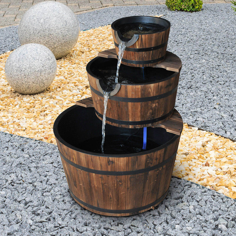 Outsunny 3 Tier Wooden Barrel Cascading Water Feature Image 2