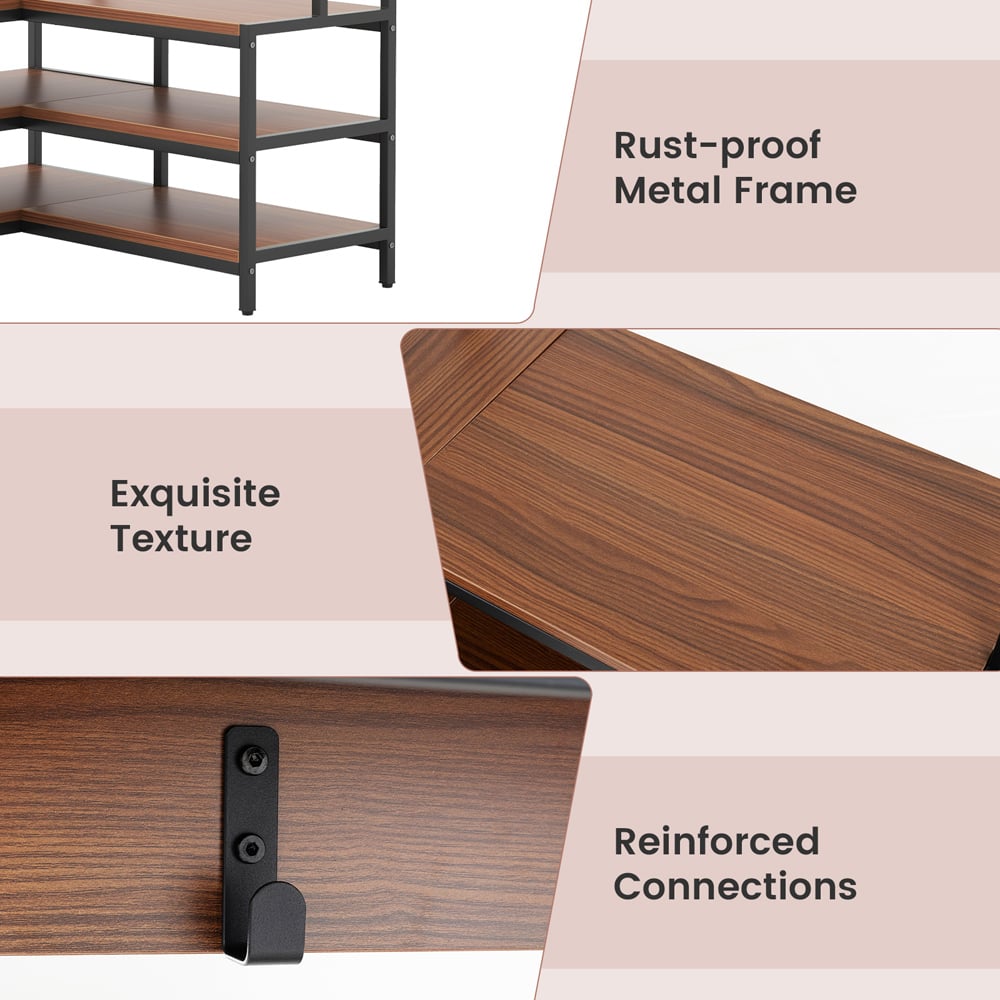 Costway 4 Shelf Walnut L-shaped Clothes Corner Garment Rack with 7 Hooks Image 6