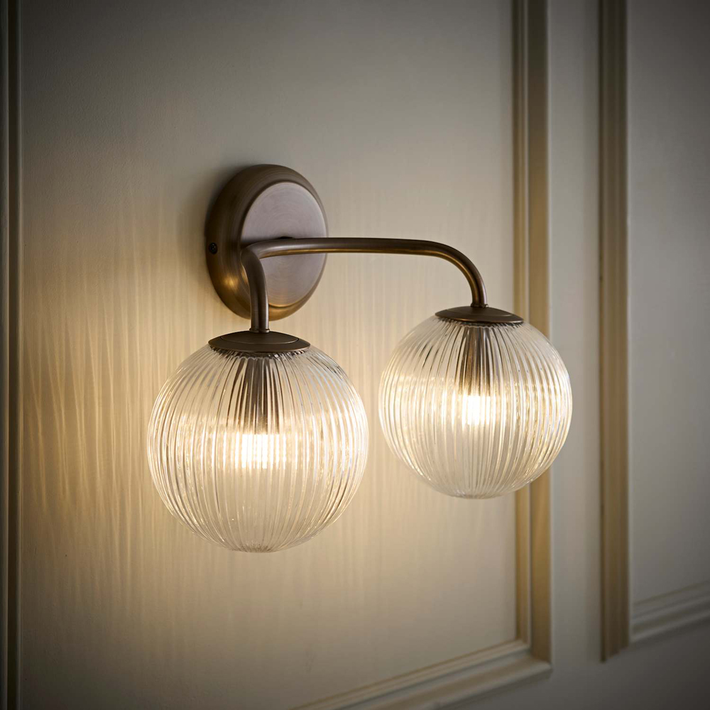 ValueLights Kempton 2 Arm Ribbed Glass Globe Brushed Brass LED Wall Light with Bulb Image 6